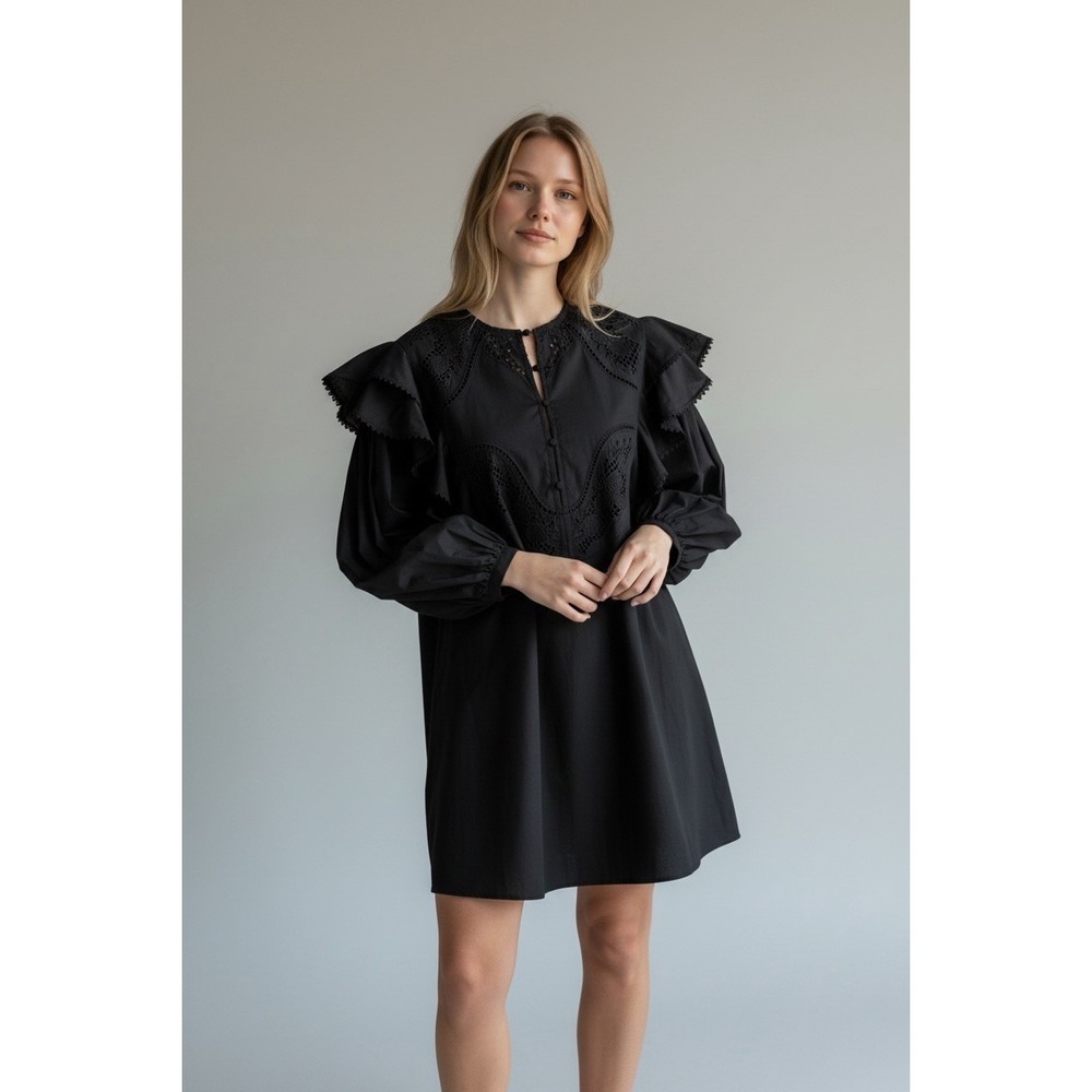 New H & M Edition Linen Mini  Dress Black Lace Balloon Sleeve Oversized  M